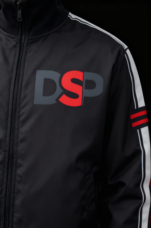 Premium Track Jacket – Black With Red & White Stripes J05