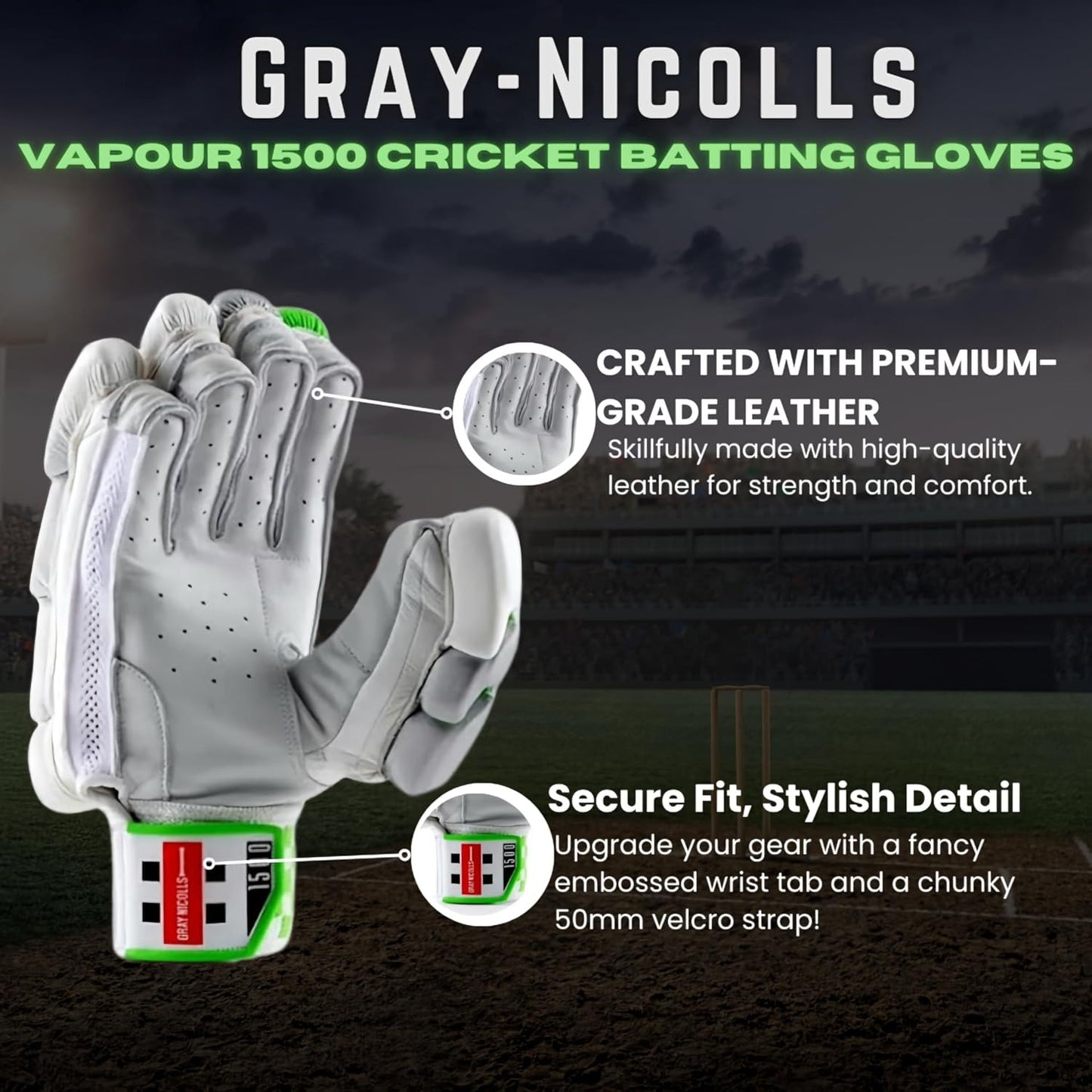 Gray-Nicolls Vapour 1500 Cricket Batting Gloves – Premium Leather Edition