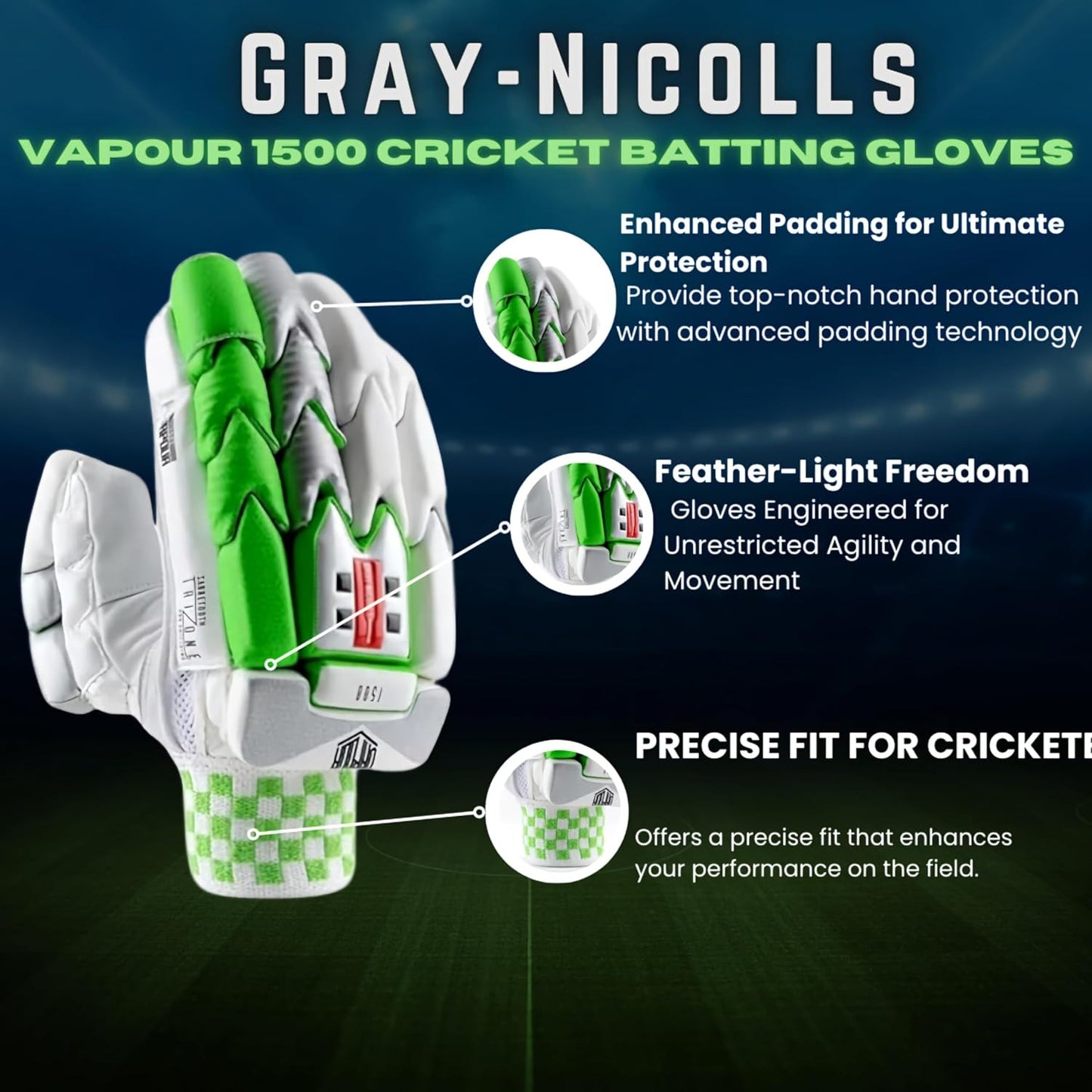Gray-Nicolls Vapour 1500 Cricket Batting Gloves – Premium Leather Edition