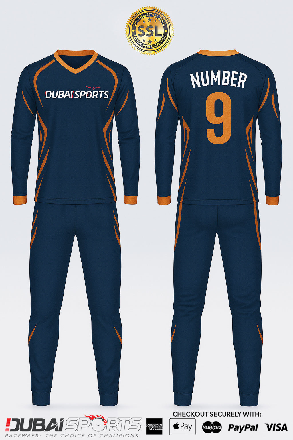 Dubai Sports Pro Custom Cricket Kit – Navy & Orange Performance Edition