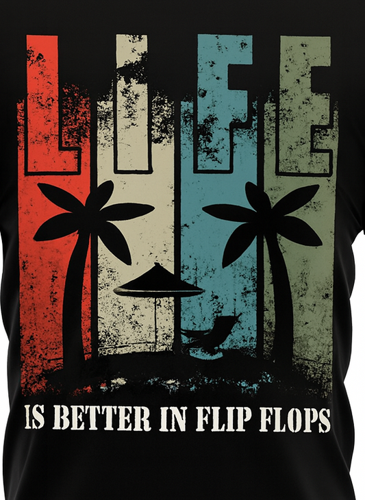 LIFE Is Better in Flip Flops – Retro Tropical Color‑Strip Tee T-Shirt Dubai Sports Pro