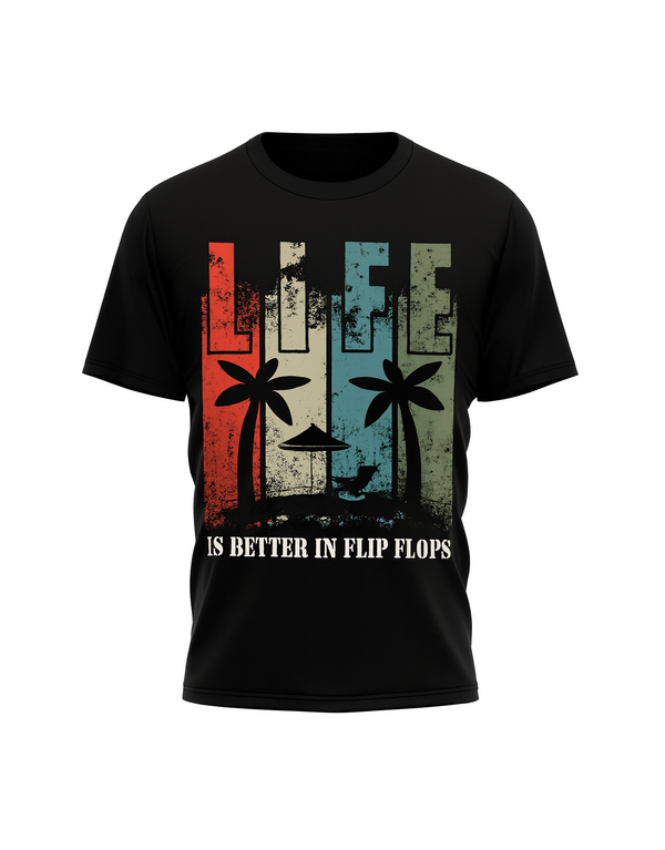 LIFE Is Better in Flip Flops – Retro Tropical Color‑Strip Tee T-Shirt Dubai Sports Pro