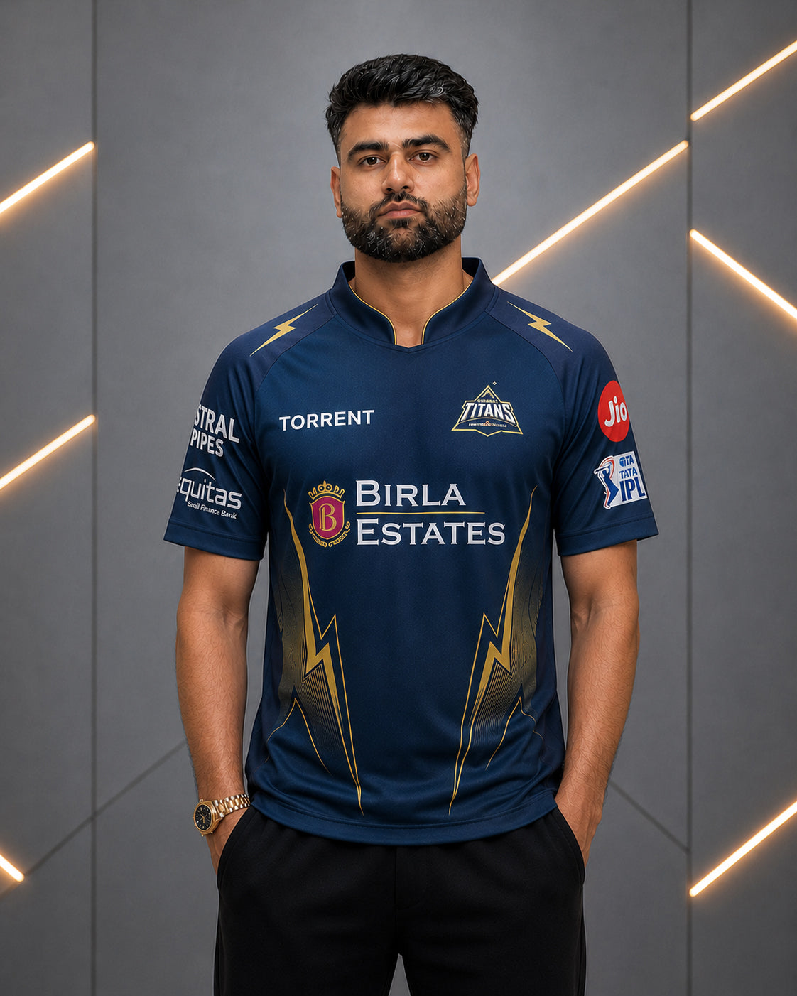Dubai Sports Pro Navy Gold Cricket Jersey – IPL Fan Edition Performance T-Shirt