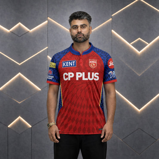 Dubai Sports Pro Red Cricket Punjab Jersey – Premium Performance IPL Fan Eddition T-Shirt (Red & Blue Accent)