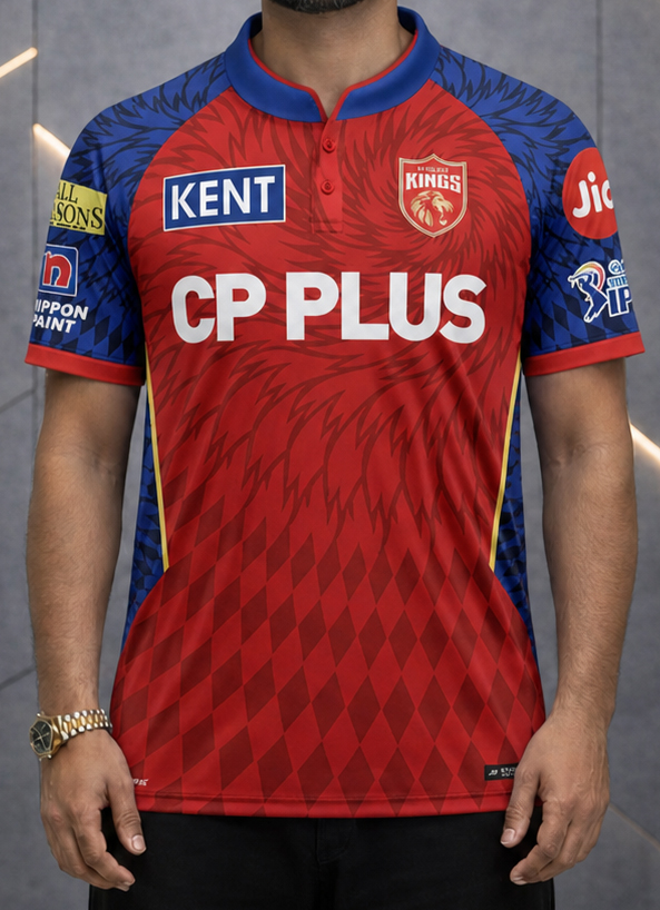 Dubai Sports Pro Red Cricket Punjab Jersey – Premium Performance IPL Fan Eddition T-Shirt (Red & Blue Accent)